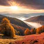 **Bieszczady Autumn Magic:**
    "A breathtaking panoramic view of the Bieszczady Mountains in late autumn. The slopes are ablaze with fiery red and golden beech trees, contrasting with the evergreen pines. Soft morning mist rises from the deep valleys, creating a mystical atmosphere. The hiking trails are quiet and nearly empty, emphasizing solitude and deep connection with nature. The sky is dramatic with hints of golden light breaking through the clouds. Photorealistic, vibrant autumn colors, serene and vast landscape."