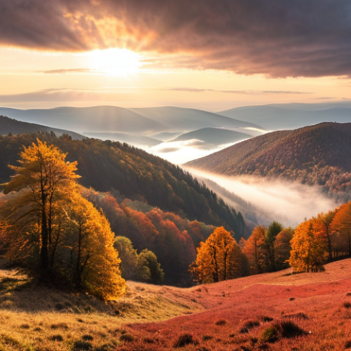 Home 13 **Bieszczady Autumn Magic:**
"A breathtaking panoramic view of the Bieszczady Mountains in late autumn. The slopes are ablaze with fiery red and golden beech trees, contrasting with the evergreen pines. Soft morning mist rises from the deep valleys, creating a mystical atmosphere. The hiking trails are quiet and nearly empty, emphasizing solitude and deep connection with nature. The sky is dramatic with hints of golden light breaking through the clouds. Photorealistic, vibrant autumn colors, serene and vast landscape."