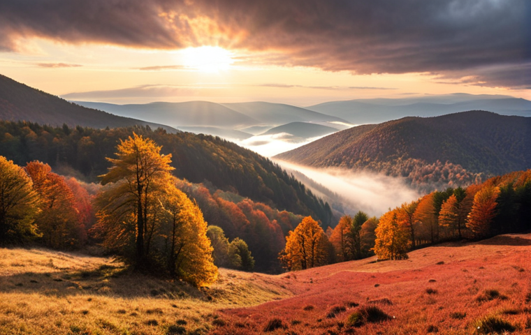 **Bieszczady Autumn Magic:**
"A breathtaking panoramic view of the Bieszczady Mountains in late autumn. The slopes are ablaze with fiery red and golden beech trees, contrasting with the evergreen pines. Soft morning mist rises from the deep valleys, creating a mystical atmosphere. The hiking trails are quiet and nearly empty, emphasizing solitude and deep connection with nature. The sky is dramatic with hints of golden light breaking through the clouds. Photorealistic, vibrant autumn colors, serene and vast landscape."