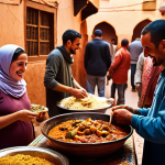 ** A bustling Moroccan marketplace scene. A tourist is seen sharing a tagine with a local family in a warmly lit, humble eatery. Focus is on the genuine smiles and shared cultural experience.

**