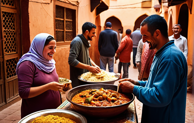 ** A bustling Moroccan marketplace scene. A tourist is seen sharing a tagine with a local family in a warmly lit, humble eatery. Focus is on the genuine smiles and shared cultural experience.
**